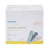 McKesson Kids™ Adhesive Strip 3/4 X 3 Inch Plastic Rectangle Kid Design (Assorted Prints) Sterile (1110980_BX) 100/BX
