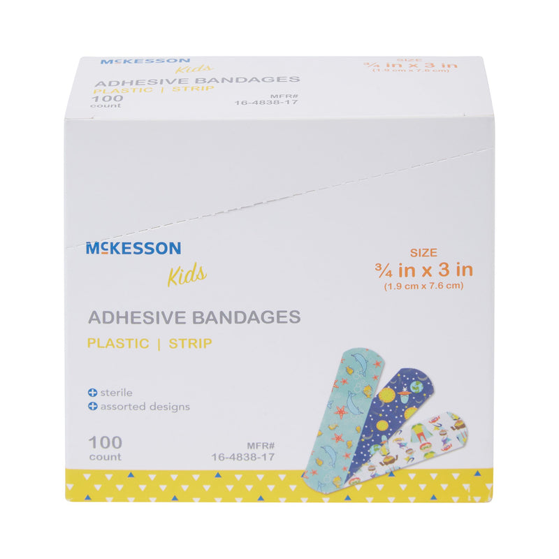 McKesson Kids™ Adhesive Strip 3/4 X 3 Inch Plastic Rectangle Kid Design (Assorted Prints) Sterile (1110980_BX) 100/BX