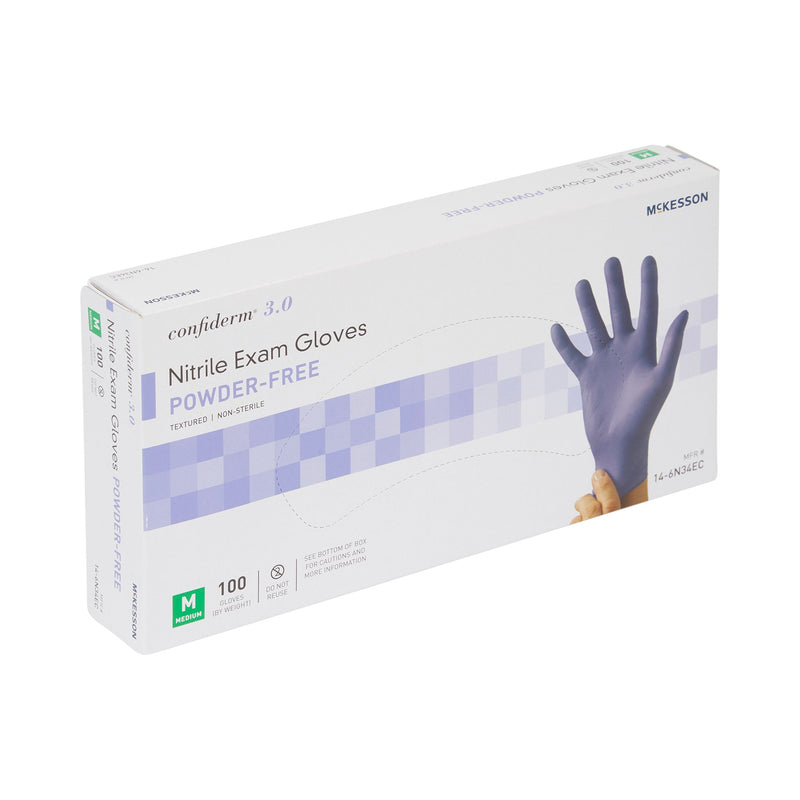 McKesson Confiderm® 3.0 Exam Glove Medium NonSterile Nitrile Standard Cuff Length Textured Fingertips Blue Not Rated (1107941_BX) 100/BX