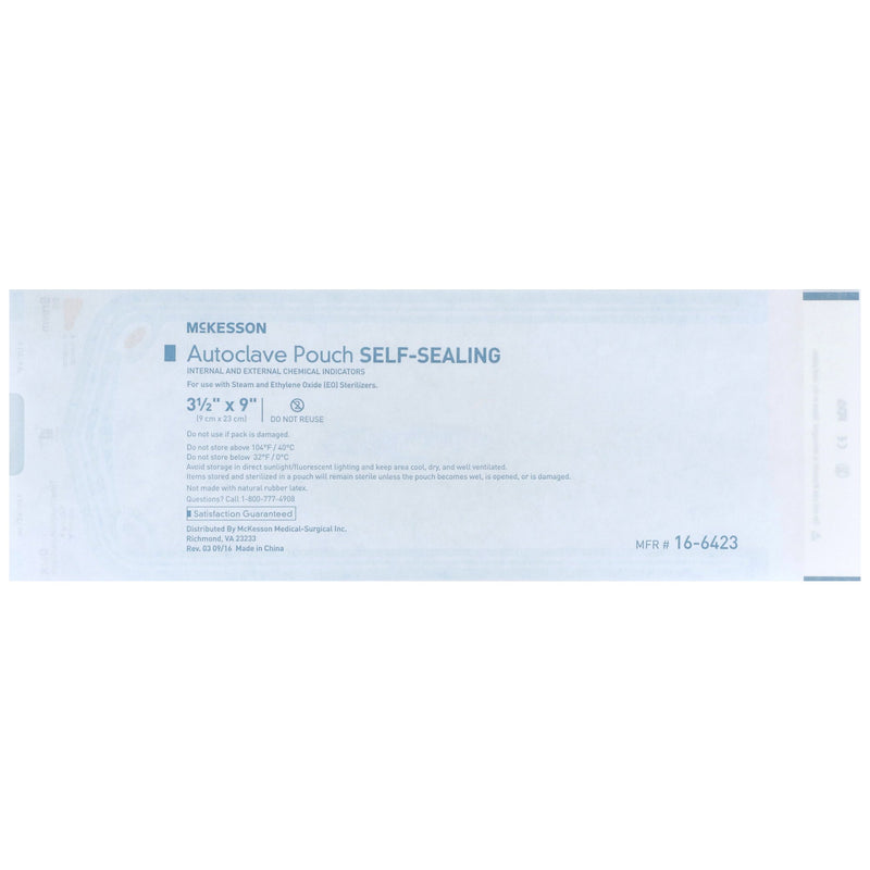 McKesson Sterilization Pouch Ethylene Oxide (EO) Gas / Steam 3-1/2 X 9 Inch Transparent Blue / White Self Seal Paper / Film (960943_CS) 2000/CS