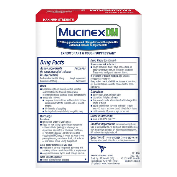 Mucinex® DM Cold and Cough Relief 1,200 mg - 60 mg Strength Tablet 14 per Box (718857_BX) 14/BX