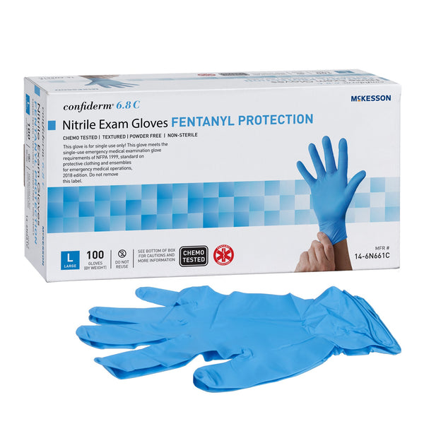 McKesson Confiderm® 6.8C Exam Glove Large NonSterile Nitrile Standard Cuff Length Fully Textured Blue Chemo Tested / Fentanyl Tested (1225750_BX) 100/BX