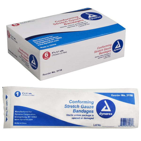 Dynarex® Conforming Bandage 6 Inch X 4-1/10 Yard 1-Ply Sterile 1 per Pouch (1049607_EA) 1/EA