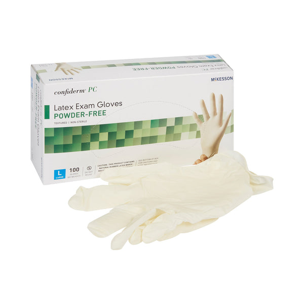 McKesson Confiderm® Exam Glove Large NonSterile Latex Standard Cuff Length Fully Textured Ivory Not Rated (921599_BX) 100/BX