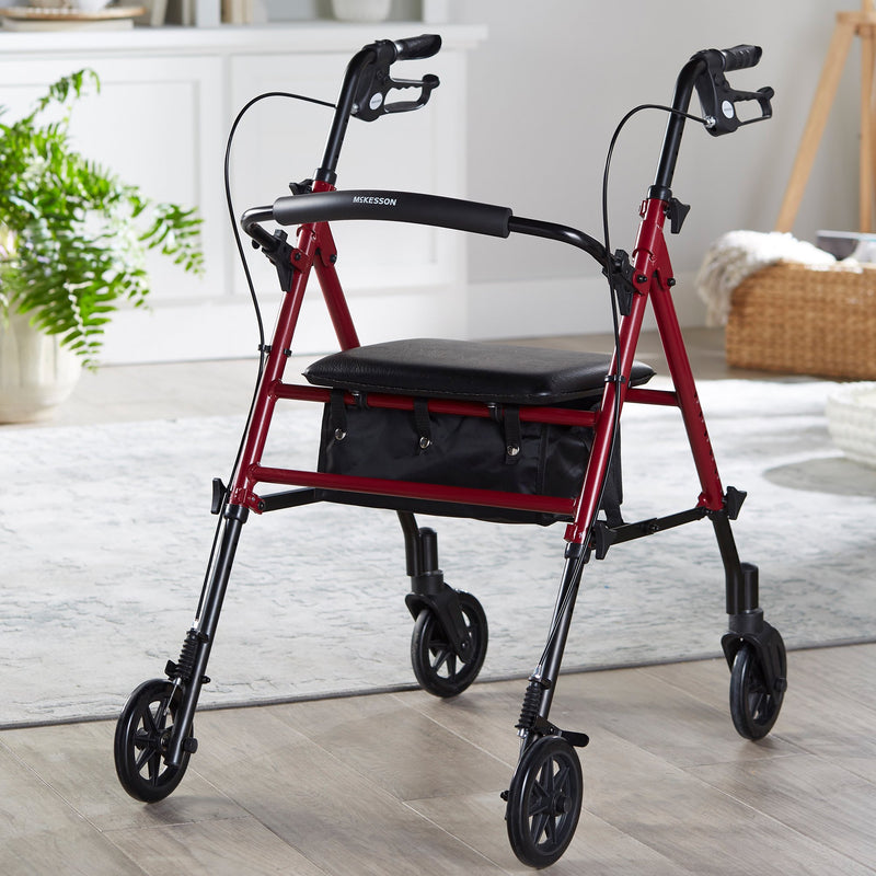 McKesson 4 Wheel Rollator Red Adjustable Height / Folding Aluminum Frame (1095248_EA) 1/EA