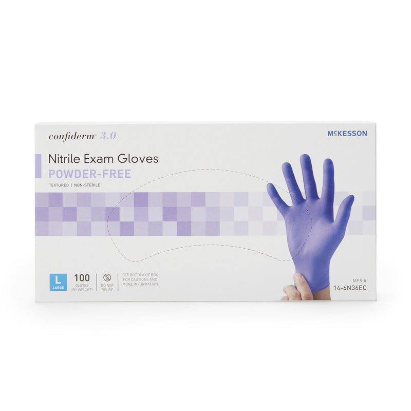 McKesson Confiderm® 3.0 Exam Glove Large NonSterile Nitrile Standard Cuff Length Textured Fingertips Blue Not Rated (1107942_CS) 1000/CS
