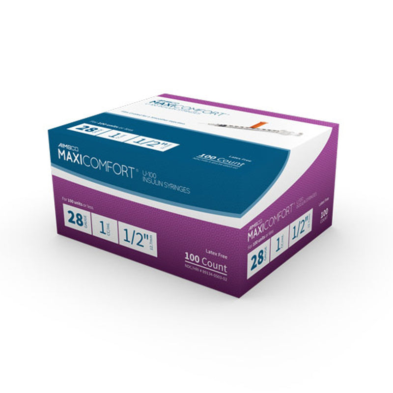 AIMSCO® Standard Insulin Syringe with Needle 1 mL 1/2 Inch 28 Gauge NonSafety Ultra Thin Wall (1182679_BX) 100/BX