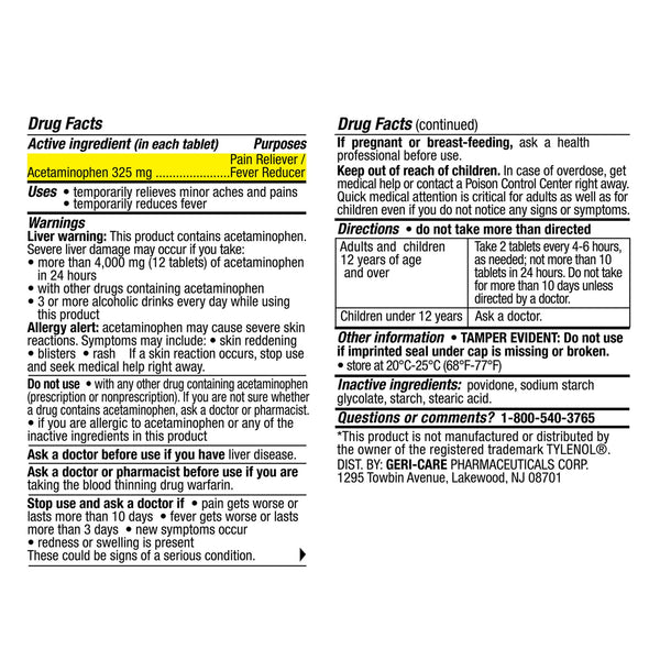 Geri-Care Pain Relief 325 mg Strength Acetaminophen Tablet 1000 per Bottle (1242760_BT) 1/BT