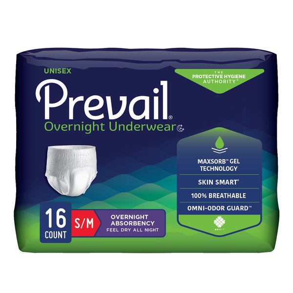 Prevail® Overnight Unisex Adult Absorbent Underwear Pull On with Tear Away Seams Small / Medium Disposable Heavy Absorbency (1189992_PK) 16/PK