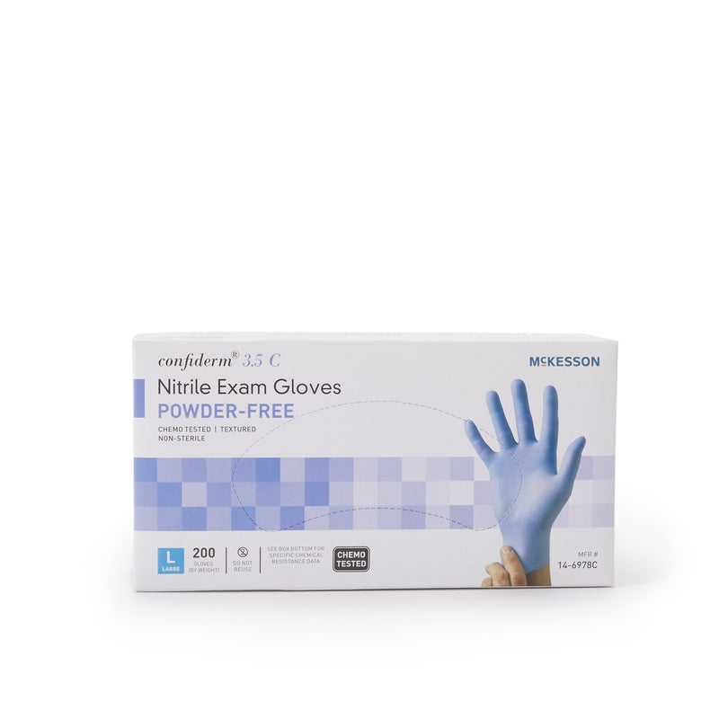 McKesson Confiderm® 3.5C Exam Glove Large NonSterile Nitrile Standard Cuff Length Textured Fingertips Blue Chemo Tested (765876_CS) 2000/CS