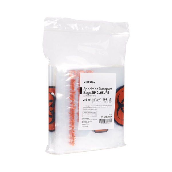 McKesson Specimen Transport Bag with Document Pouch 6 X 9 Inch Zip Closure Biohazard Symbol / Storage Instructions NonSterile (547075_PK) 100/PK