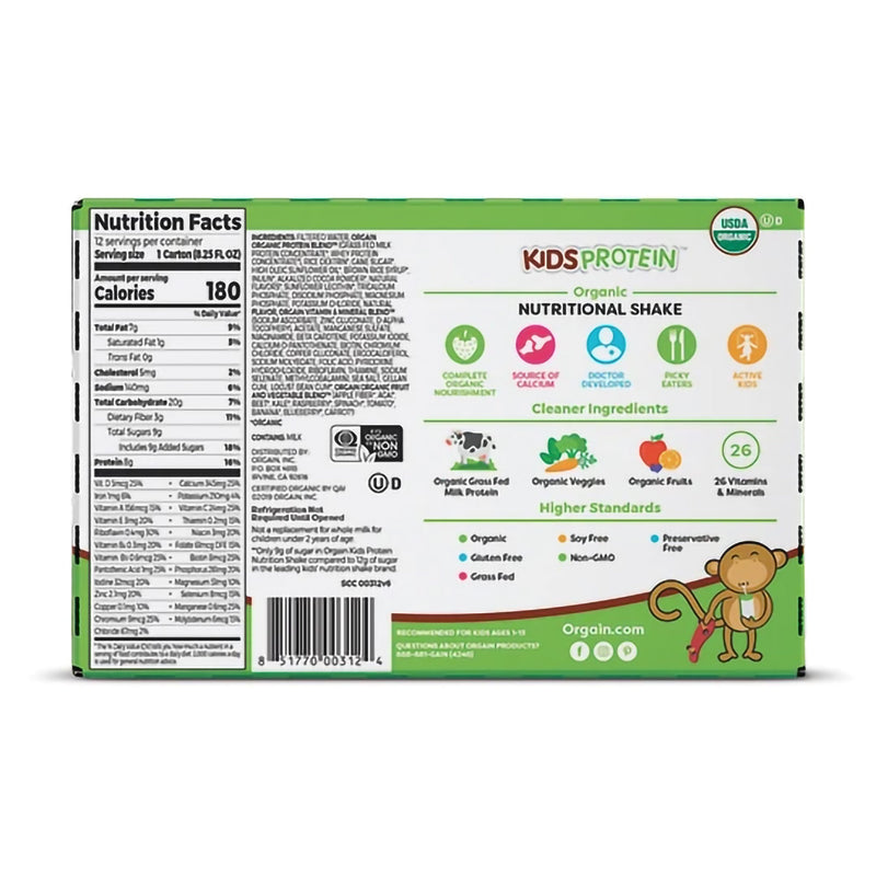 Orgain® Kids Protein™ Organic Nutritional Shake Pediatric Oral Supplement Chocolate Flavor 8.25 oz. Carton Liquid Organic (1100496_EA) 1/EA