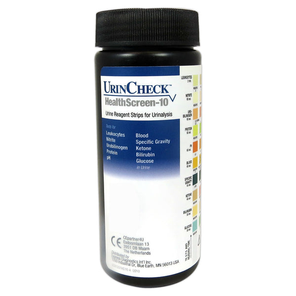 UrinCheck™ HealthScreen-10 Urinalysis Test Kit Bilirubin, Blood, Glucose, Ketone, Leukocytes, Nitrite, pH, Protein, Specific Gravity, Urobilinogen 100 Tests CLIA Waived (1124856_BT) 100/BT