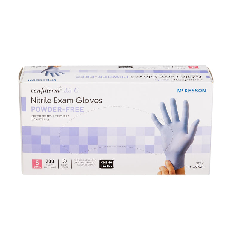McKesson Confiderm® 3.5C Exam Glove Small NonSterile Nitrile Standard Cuff Length Textured Fingertips Blue Chemo Tested (765874_BX) 200/BX