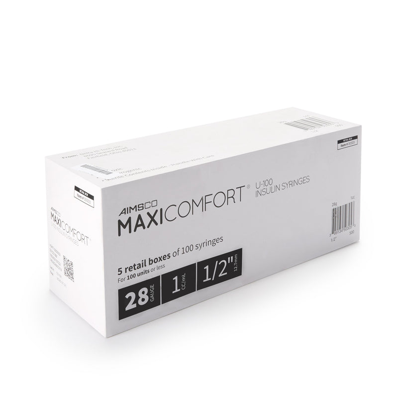 AIMSCO® Standard Insulin Syringe with Needle 1 mL 1/2 Inch 28 Gauge NonSafety Ultra Thin Wall (1182679_BX) 100/BX