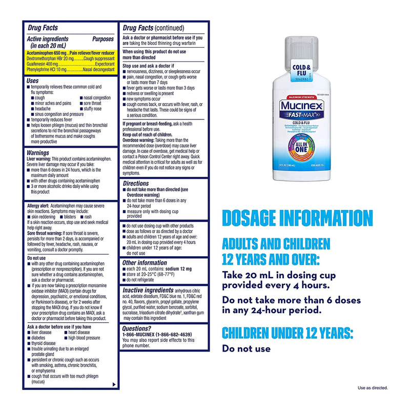 Mucinex® Fast-Max™ Cold & Flu Cold and Cough Relief 650 mg - 20 mg - 400 mg - 10 mg / 20 mL Strength Liquid 6 oz. (1120969_EA) 1/EA