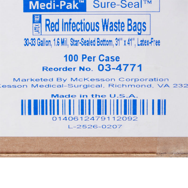 McKesson Biohazard Waste Bag Biohazard Symbol / Infectious Waste 30 to 33 gal. Red 31 X 41 Inch (178674_CS) 100/CS