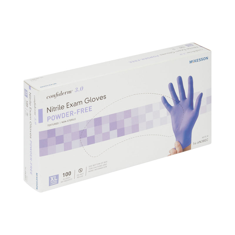 McKesson Confiderm® 3.0 Exam Glove X-Large NonSterile Nitrile Standard Cuff Length Textured Fingertips Blue Not Rated (1107943_CS) 1000/CS