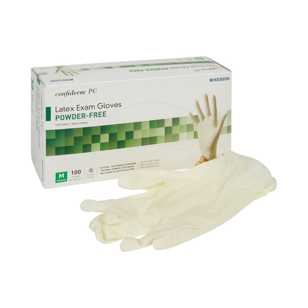 McKesson Confiderm® Exam Glove Medium NonSterile Latex Standard Cuff Length Fully Textured Ivory Not Rated (921598_BX) 100/BX