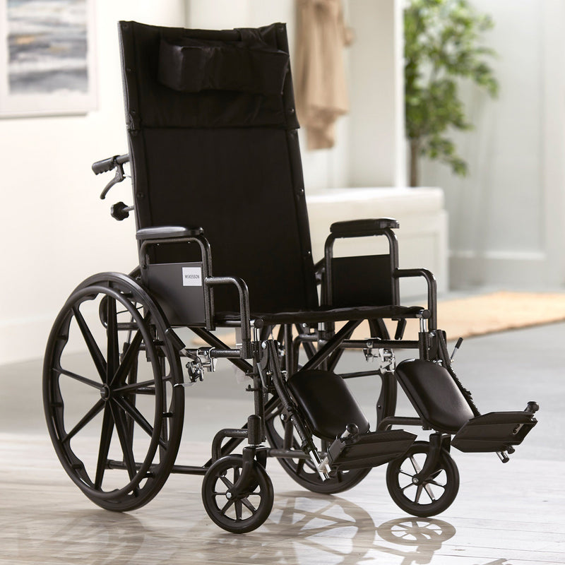 McKesson Reclining Wheelchair Desk Length Arm Swing-Away Elevating Legrest Black Upholstery 20 Inch Seat Width Adult 350 lbs. Weight Capacity (1065291_EA) 1/EA
