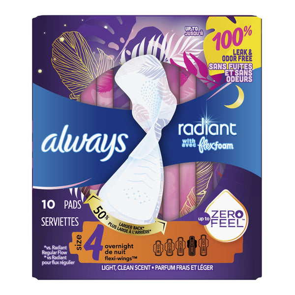 Always® Radiant with FlexFoam Feminine Pad Overnight / With Wings Heavy Absorbency (1231746_BX) 10/BX