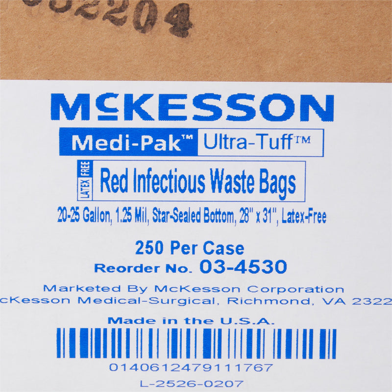 McKesson Biohazard Waste Bag Biohazard Symbol / Infectious Waste 20 to 25 gal. Red 28 X 31 Inch (230472_CS) 250/CS