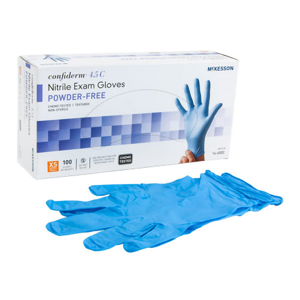 McKesson Confiderm® 4.5C Exam Glove X-Small NonSterile Nitrile Standard Cuff Length Textured Fingertips Blue Chemo Tested (921601_CS) 1000/CS