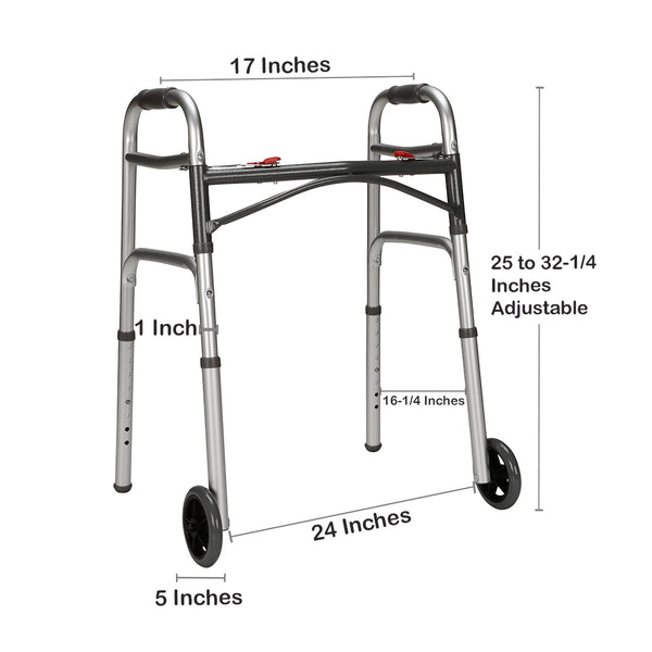 McKesson Dual Release Folding Walker with Wheels Adjustable Height Aluminum Frame 350 lbs. Weight Capacity 25 to 32-1/4 Inch Height (1128908_EA) 1/EA