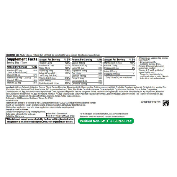 Centrum® Silver® Adults 50+ Multimineral / Multivitamin Supplement Vitamin A / C / D3 / E / K 750 mcg / 60 mg / 25 mcg / 22.5 mg / 30 mcg / 1.5 mg Strength Tablet 125 per Bottle (1230547_BT) 1/BT