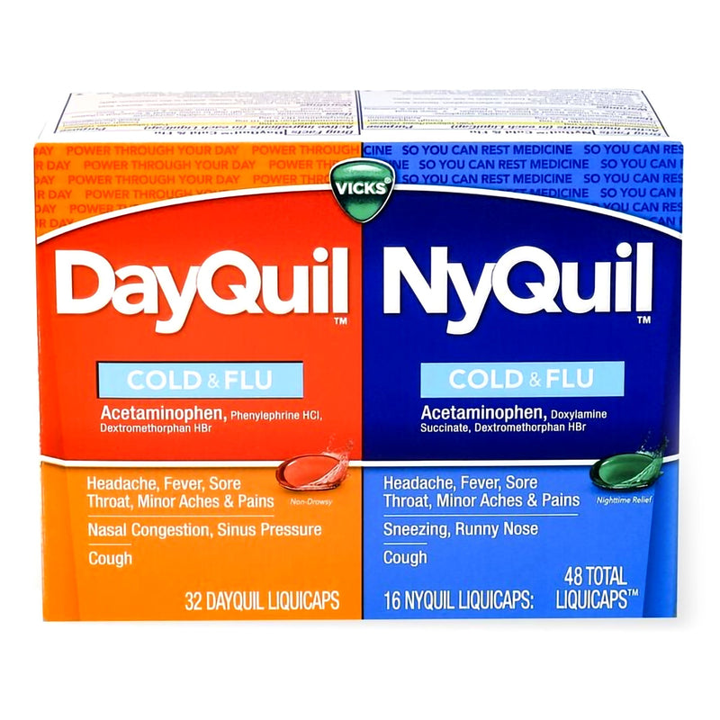 DayQuil® Nyquil® Combo Pack Cold and Cough Relief 325 mg - 10 mg - 5 mg Strength and 325 mg - 15 mg - 6.25 mg Strength Gelcap 48 per Box (829814_CT) 48/CT