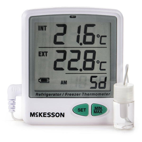 McKesson Datalogging Refrigerator / Freezer Thermometer with Alarm Fahrenheit / Celsius -50° to +158°F (-50° to +70°C) Flip-out Stand Battery Operated (1074443_EA) 1/EA