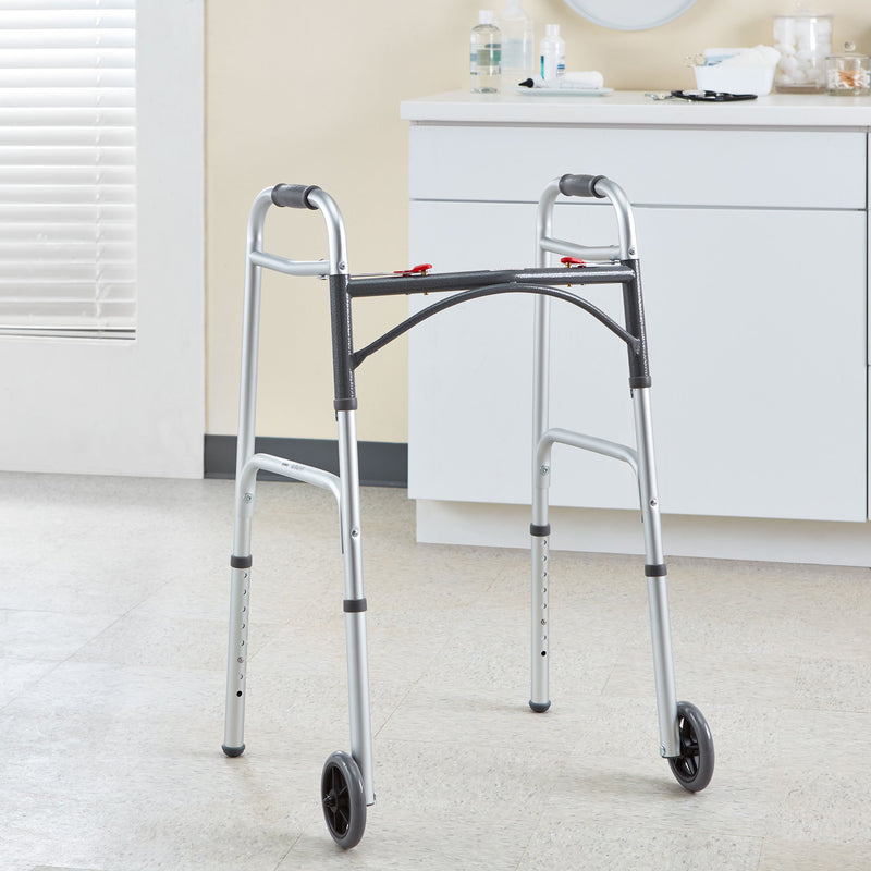 McKesson Dual Release Folding Walker with Wheels Adjustable Height Aluminum Frame 350 lbs. Weight Capacity 32 to 39 Inch Height (1073638_EA) 1/EA