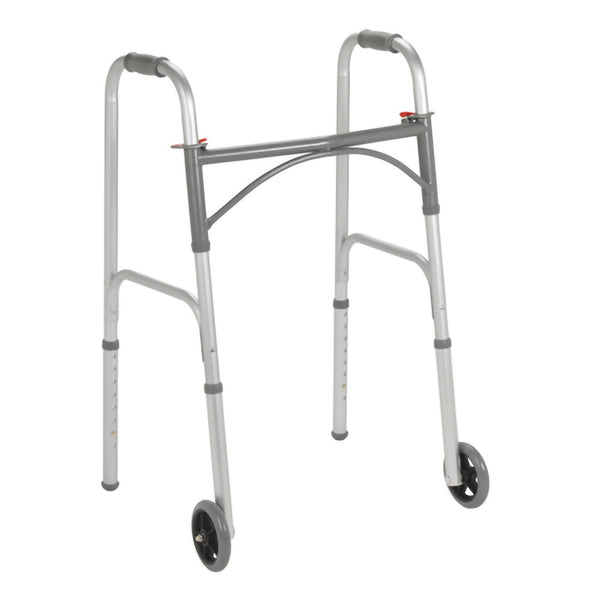 McKesson Dual Release Folding Walker with Wheels Adjustable Height Steel Frame 350 lbs. Weight Capacity 32 to 39 Inch Height (1128891_EA) 1/EA