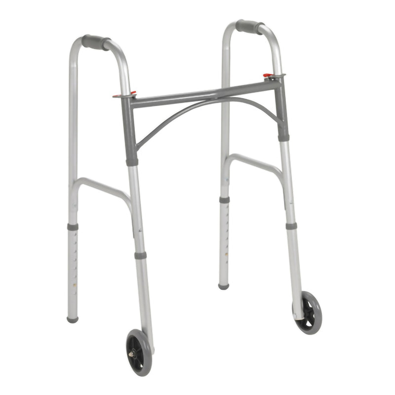 McKesson Dual Release Folding Walker with Wheels Adjustable Height Steel Frame 350 lbs. Weight Capacity 32 to 39 Inch Height (1128891_EA) 1/EA
