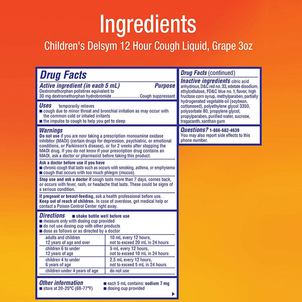 Delsym® Children's Cold and Cough Relief 30 mg / 5 mL Strength Liquid 3 oz. (734903_EA) 1/EA