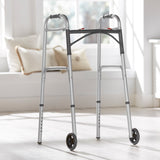 McKesson Dual Release Folding Walker with Wheels Adjustable Height Aluminum Frame 350 lbs. Weight Capacity 32 to 39 Inch Height (1076176_EA) 1/EA