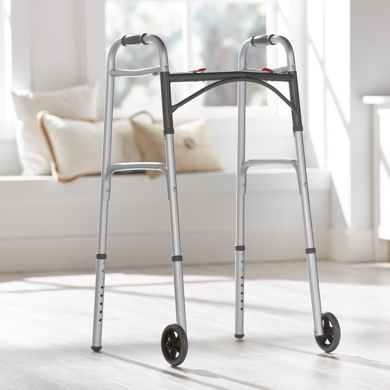 McKesson Dual Release Folding Walker with Wheels Adjustable Height Aluminum Frame 350 lbs. Weight Capacity 32 to 39 Inch Height (1076176_EA) 1/EA