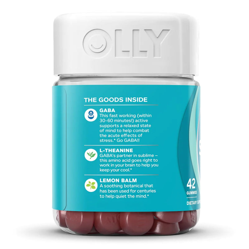 OLLY® Goodbye Stress® Dietary Supplement GABA / L-Theanine / Lemon Balm Extract 100 mg - 50 mg - 75 mg Strength Gummy 42 per Bottle Berry Verbena Flavor (1228393_BT) 1/BT