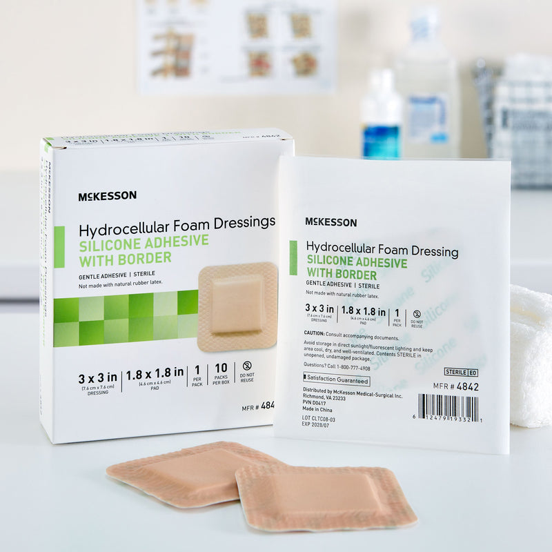 McKesson Foam Dressing 3 X 3 Inch With Border Film Backing Silicone Gel Adhesive Square Sterile (886431_BX) 10/BX