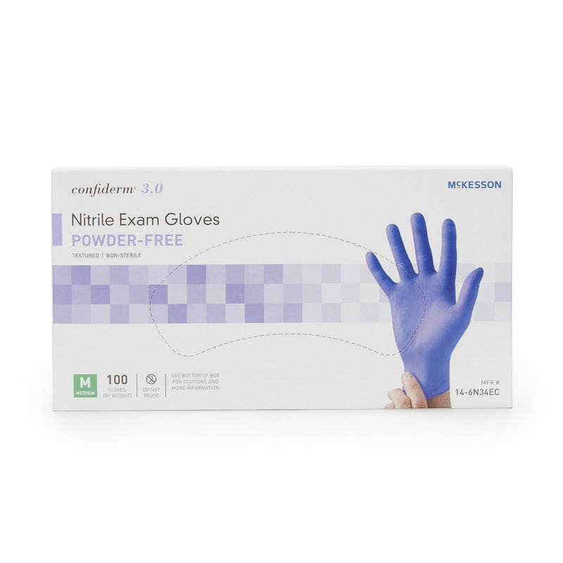 McKesson Confiderm® 3.0 Exam Glove Medium NonSterile Nitrile Standard Cuff Length Textured Fingertips Blue Not Rated (1107941_BX) 100/BX