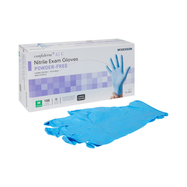 McKesson Confiderm® 4.5C Exam Glove Medium NonSterile Nitrile Standard Cuff Length Textured Fingertips Blue Chemo Tested (921603_CS) 1000/CS