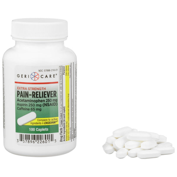 McKesson Brand Pain Relief 250 mg - 250 mg - 65 mg Strength Acetaminophen / Aspirin / Caffeine Caplet 100 per Bottle (868383_CS) 1200/CS