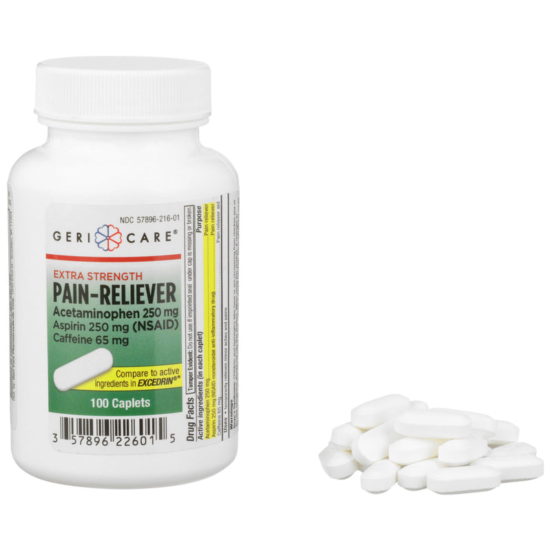 McKesson Brand Pain Relief 250 mg - 250 mg - 65 mg Strength Acetaminophen / Aspirin / Caffeine Caplet 100 per Bottle (868383_CS) 1200/CS