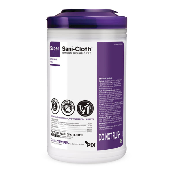 Super Sani-Cloth® Surface Disinfectant Cleaner Premoistened Germicidal Manual Pull Wipe 75 Count Canister Alcohol Scent NonSterile (1207552_CS) 450/CS