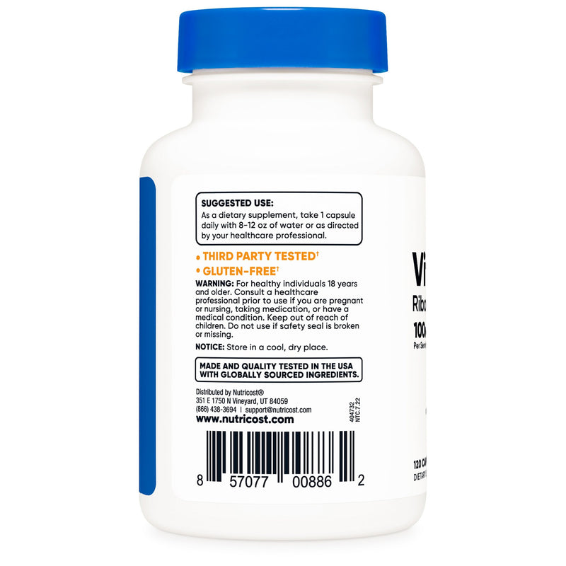 nutricost® Vitamin B2 Riboflavin Dietary Supplement Vitamin B2 100 mg Strength Capsule 120 Per Bottle (1270259_BT) 1/BT