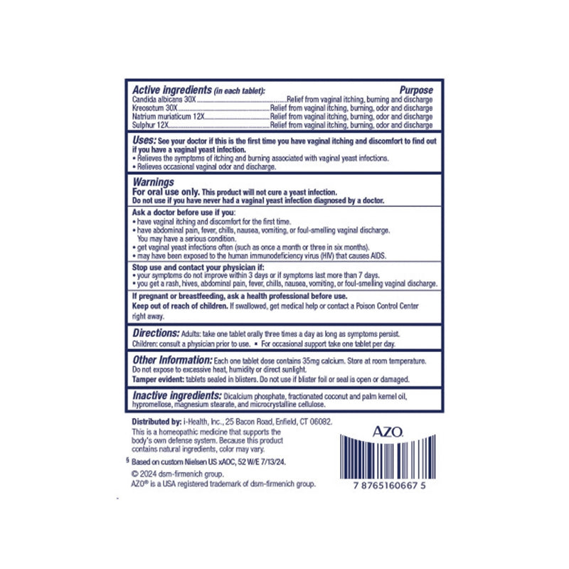 AZO® Yeast® Plus Pain Relief 30X - 30X - 12X -12X Strength Candida Albicans / Kreosotum / Natrium Muriaticum / Sulphur Tablet 60 per Box (1268929_BX) 1/BX