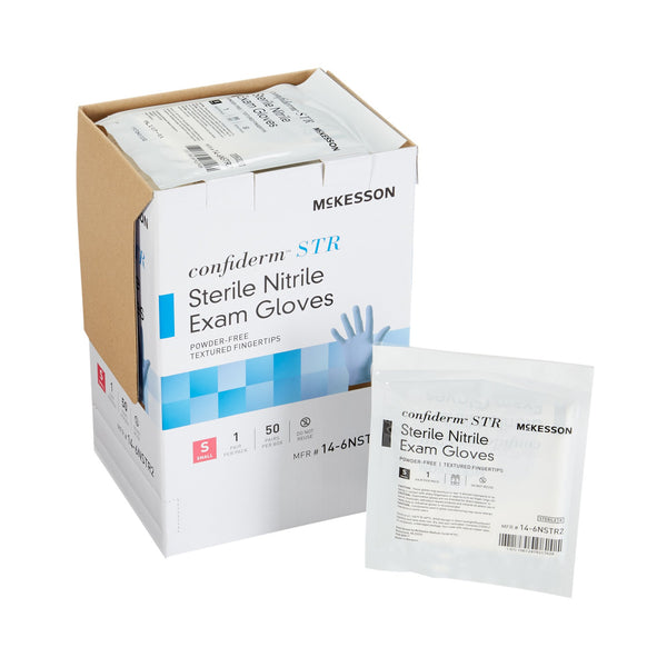 McKesson Confiderm® STR Exam Glove Small Sterile Pair Nitrile Standard Cuff Length Textured Fingertips Blue Not Rated (1065405_PR) 1/PR