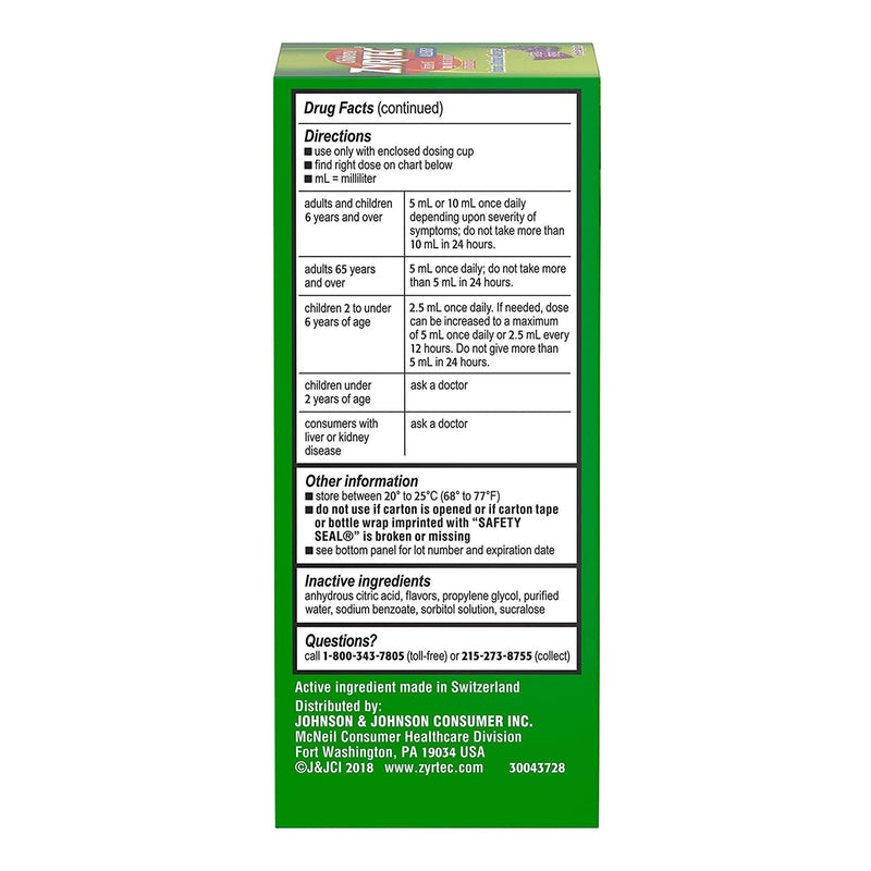 Zyrtec® Children's Allergy Relief 1 mg / 1 mL Strength Solution 4 oz. (1228838_EA) 1/EA