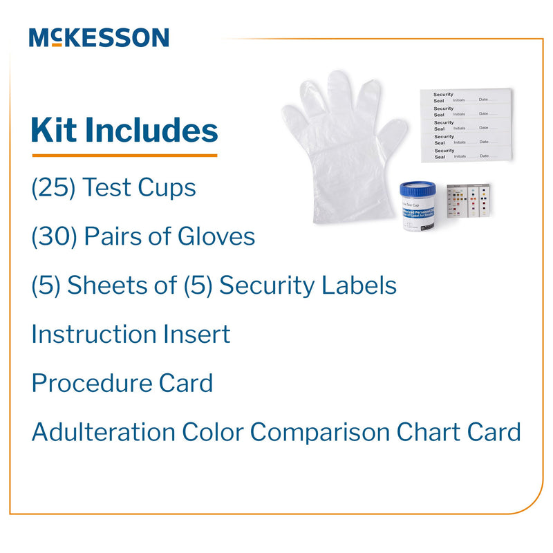 McKesson Drugs of Abuse Test Kit AMP, BAR, BUP, BZO, COC, mAMP/MET, MDMA, MOP300, MTD, OXY, PCP, THC (OX, pH, SG) 25 Tests CLIA Waived (1101519_BX) 25/BX