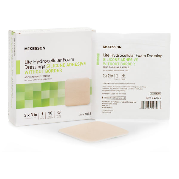 McKesson Lite Thin Foam Dressing 3 X 3 Inch Without Border Film Backing Silicone Gel Adhesive Square Sterile (1083092_CS) 200/CS